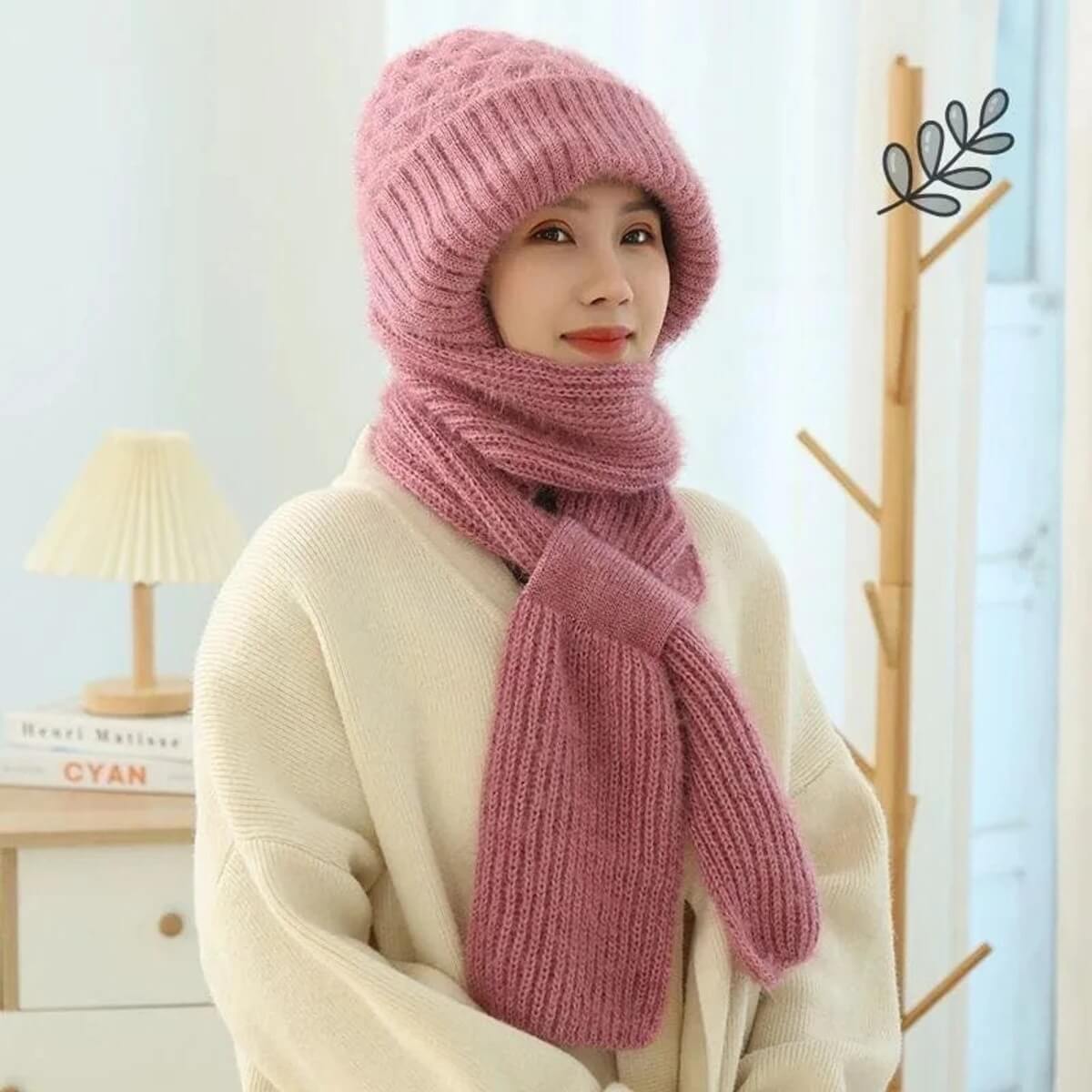 Windproof Cap with Scarf (Dusty Pink)
